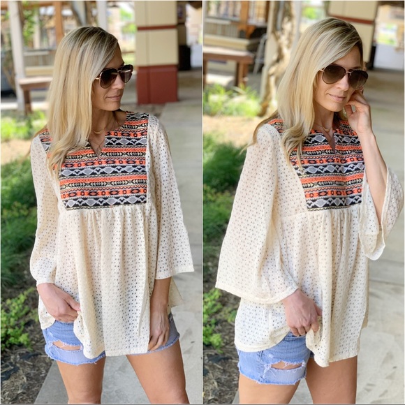 Infinity Raine Tops - Cream bohemian Aztec Detail Tunic Infinity Raine Tops - Cream bohemian Aztec Detail Tunic